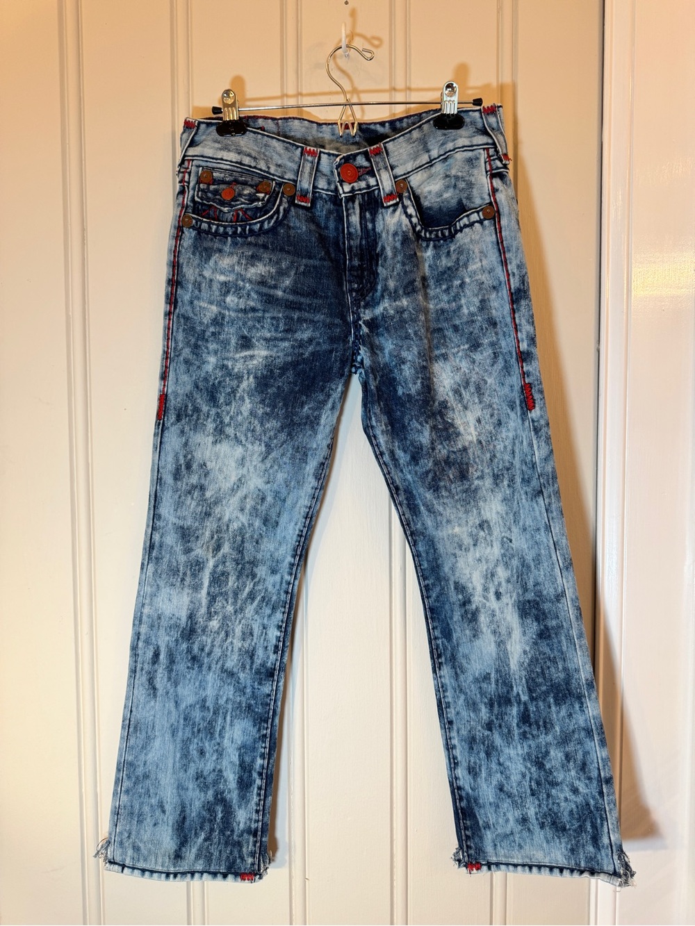 True Religion Acid Wash Jeans Contrast Stitch Y2K Low Rise Bootcut Denim